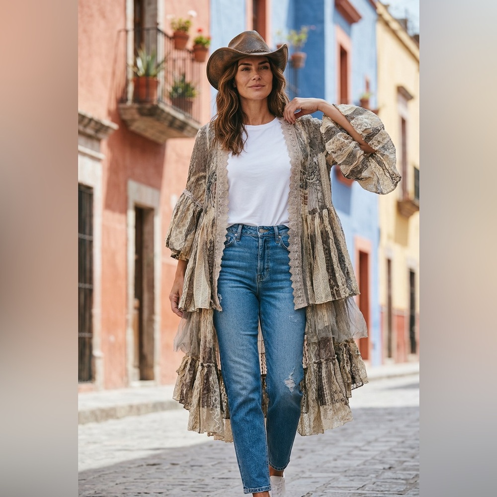 Origami Embroidered Lace Kimono in Blush Beige